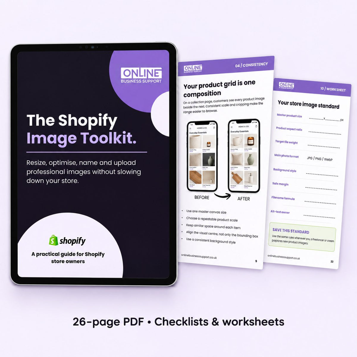 The Shopify Image Toolkit by Online Business Support, showing the cover, product-image comparison and worksheet previews.