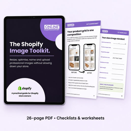 The Shopify Image Toolkit by Online Business Support, showing the cover, product-image comparison and worksheet previews.